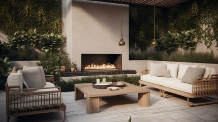 A modern and stylish outdoor lounge area with comfortable seating and a statement fireplace, perfect for entertaining. Generative AI