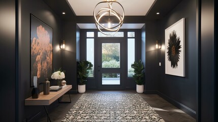 A sleek and modern entryway with a statement lighting fixture and a bold patterned rug, perfect for making a grand entrance. Generative AI - obrazy, fototapety, plakaty