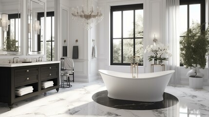 A luxurious and elegant master bathroom with marble countertops and a stunning freestanding tub. Generative AI