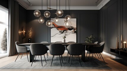 Fototapeta na wymiar A modern and stylish dining room with a sleek black table and bold artwork, accented with statement lighting. Generative AI