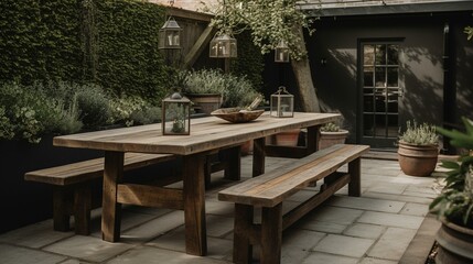 Fototapeta na wymiar A charming and rustic outdoor dining area with a long wooden table and comfortable seating, perfect for al fresco meals. Generative AI