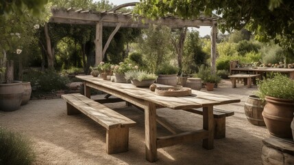 A charming and rustic outdoor dining area with a long wooden table and comfortable seating, perfect for al fresco meals. Generative AI