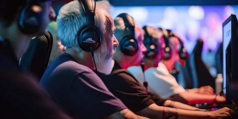 Diverse group of senior citizens engaged in competitive esports gaming tournament, concept of Inter-generational gaming and Senior esports tournament, created with Generative AI technology