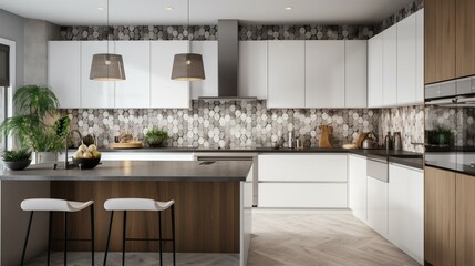 A chic and modern kitchen with sleek white cabinetry and statement lighting, accented with a bold patterned backsplash. Generative AI - obrazy, fototapety, plakaty