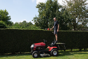 A gardener or worker uses stands to cut petrol hedge trimmers