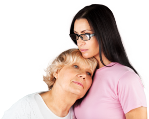Cute family portrait. Young adult daughter with senior mother embracing, isolated on white
