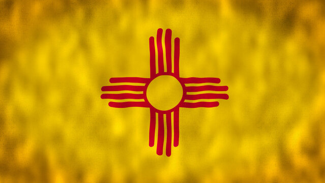 illustration of the New Mexico state flag waving. US state flag. Yellow field with a red Zia sun symbol in the center. illustration. Selective focus.