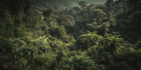 Mysterious impenetrable jungle overgrown with exotic plants. Background. A beautiful path through the impenetrable jungle. Tropical paradise. Generative AI