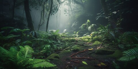 Mysterious impenetrable jungle overgrown with exotic plants. Background. A beautiful path through the impenetrable jungle. Tropical paradise. Generative AI