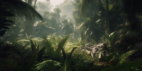 Mysterious impenetrable jungle overgrown with exotic plants. Background. A beautiful path through the impenetrable jungle. Tropical paradise. Generative AI