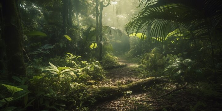 Fototapeta Mysterious impenetrable jungle overgrown with exotic plants. Background. A beautiful path through the impenetrable jungle. Tropical paradise. Generative AI