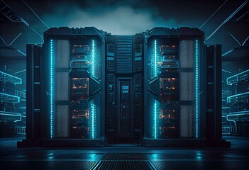 Futuristic server farm with abstract datacenter and blockchain background. 3D digital imagery for internet communication, computer storage, and farming workstation. Generative AI