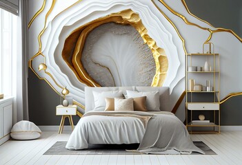 Minimalist 3D geode art wallpaper for bedroom decor, with gold lines on a light gray backdrop. Resin functional like watercolor. Generative AI