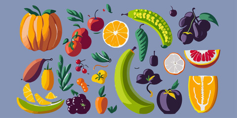 Various Fruit Vector Set with Apples, Bananas, and More
