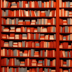 
Background with wooden shelves full of books, vintage style, blue, red and white books. Background for study work. Generative AI.