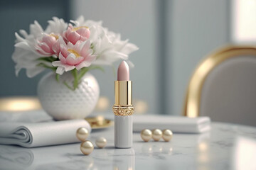 Female lipstick on the table. Super photo realistic background, generative ai illustration