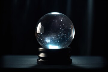 Crystal ball illustration with galaxies and stars inside, dark background. Generative AI