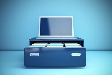 Laptop illustration over file drawer, dark blue background. Generative AI