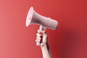 Illustration of hand holding megaphone, marketing and sales concept, red background. Generative AI