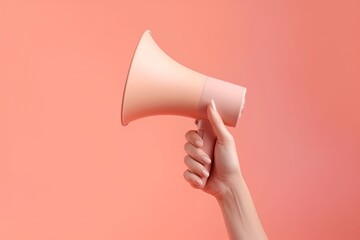 Illustration of hand holding megaphone, marketing and sales concept, pink background. Generative AI
