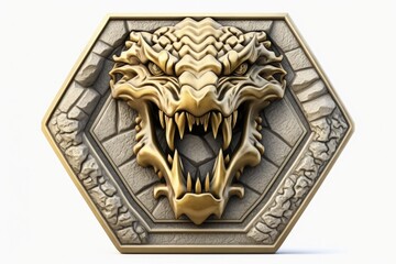 Illustration of mystical dragon emblem carved in stone, white background. Generative AI