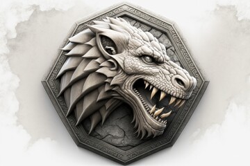 Illustration of mystical dragon emblem carved in stone, white background. Generative AI