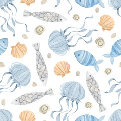 Blue jellyfish, grey fishes, and shells watercolor seamless pattern