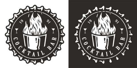 Beer cap and bartender shot with fire for bartending. Bottle cap and steel glass with flame for barman of cocktail bar.