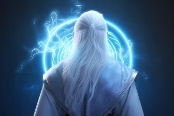Magician illustration with long white hair from the back, blue luminous energy, fantasy concept. Generative AI
