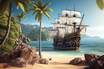 Landscape with pirate ship on an island, fanta concept. Generative AI