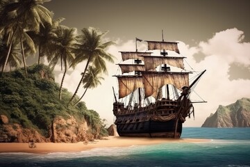 Obraz premium Landscape with pirate ship on an island, fanta concept. Generative AI