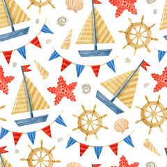Sailboat, starfishes and garlands watercolor seamless pattern
