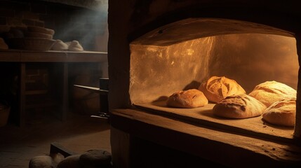 wood oven baking bread. Generative AI.