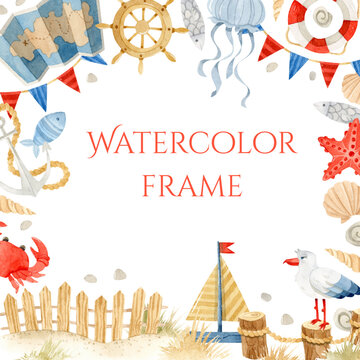 Watercolor frame with a boat, seagull, and fishes for the invitation	