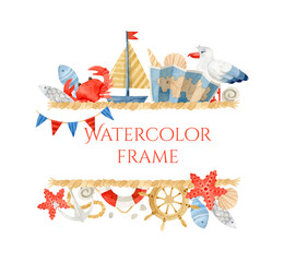 Watercolor frame with a boat, seagull, and fishes for the invitation