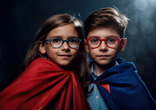 Smart Students at the top of their class. Boys and Girls wearing a cape. 
Generative AI