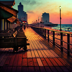 Sunset on Tel Aviv Boardwalk: Oil Colors - obrazy, fototapety, plakaty