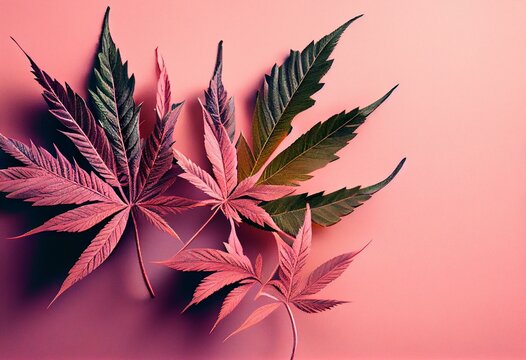 Flying cannabis leaves on a pastel pink patterned background with copy space. Generative AI