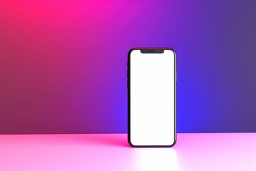 closeup of modern smart phone with white color screen isolated on purple and pink gradient lights background