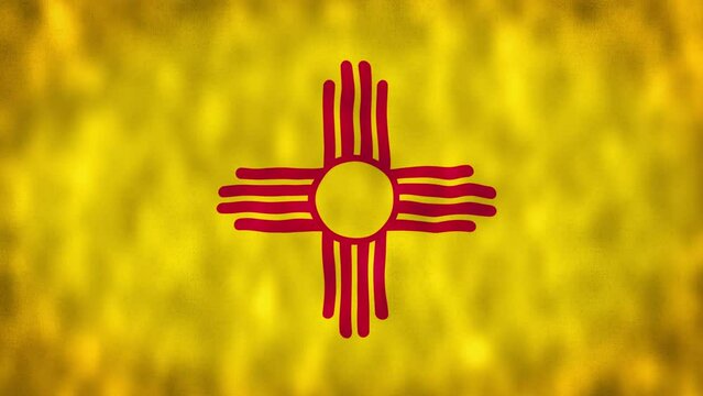 Close-up of the New Mexico state flag waving. US state flag. Yellow field with a red Zia sun symbol in the center. Seamless 3d render animation. Selective focus. Slow motion loop. Close-up.