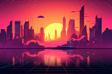 Synth Wave Retro City Landscape Background At Sunset, Made Using Generative Ai