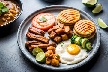 Colombian food Bandeja Paisa - a hearty dish with rice, beans, beef, chicharron (pork belly), plantain, avocado, and a fried egg. created with generative ai technology