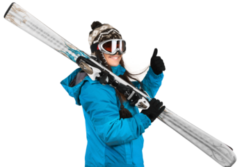 A Young Woman Carrying Skis Isolated