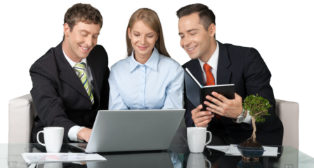 Smiling happy business team  with laptop isolated on white background
