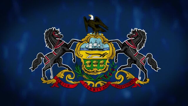Close-up of the Pennsylvania state flag waving in the wind. Blue flag with Pennsylvania coat of arms in the center. 3d render animation. Slow motion loop. Close-up. Textured fabric background