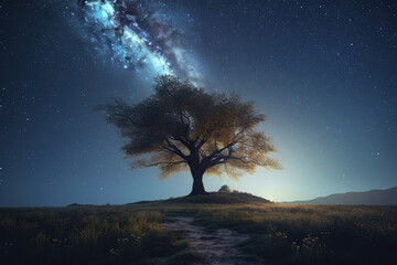 Fototapeta na wymiar landscape of a lone tree against the backdrop of a starry sky. AI