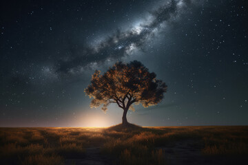 Naklejka na ściany i meble landscape of a lone tree against the backdrop of a starry sky. AI