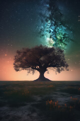 Obraz na płótnie Canvas landscape of a lone tree against the backdrop of a starry sky. AI