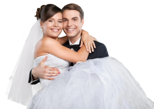 Groom holding bride on white background