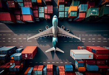 A freight plane flies over containers at a container port. Generative AI